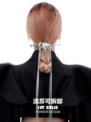 1ST XULIE "Taboo Rose" Gothic Rose Tassel Hairpin in Rhodium - On Model Style Shot