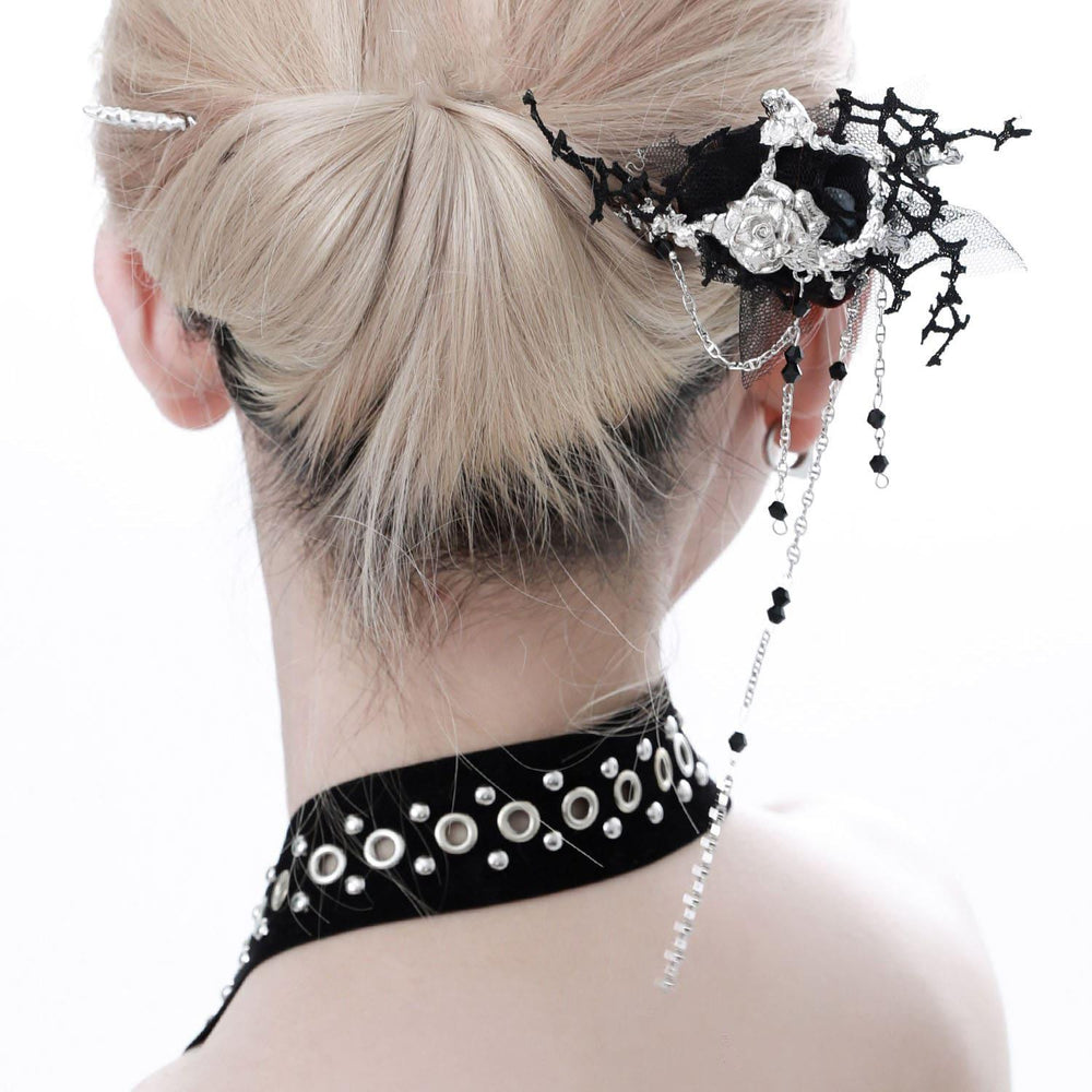 1ST XULIE "Taboo Rose" Gothic Rose Tassel Hairpin in Platinum Plated - On Model Close Up