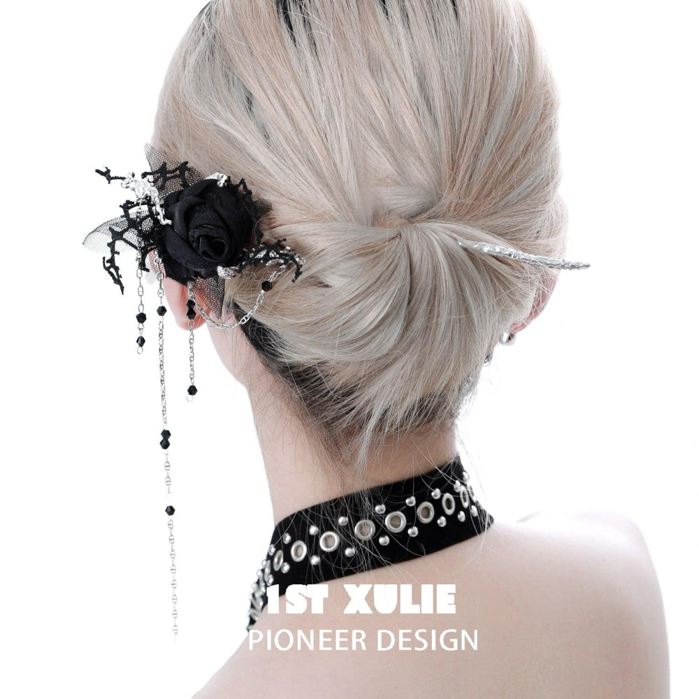 1ST XULIE "Taboo Rose" Gothic Rose Tassel Hairpin in Platinum Plated - Side View