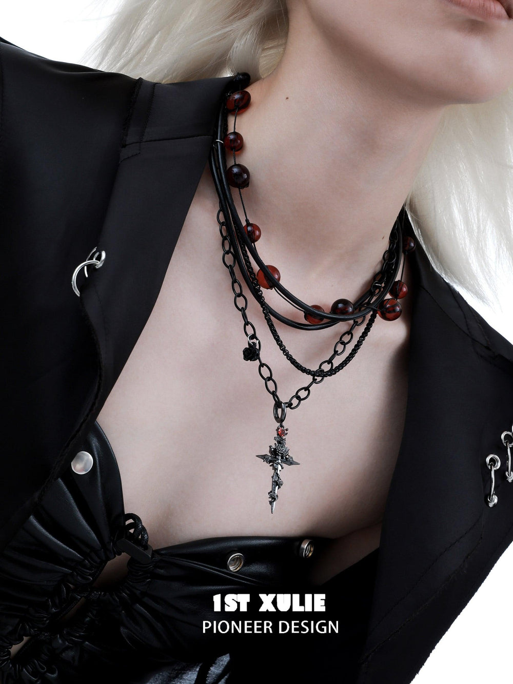1ST XULIE "Taboo Rose" Gothic Scarlet Rose Burial Necklace in Rhodium Plated - Angled View