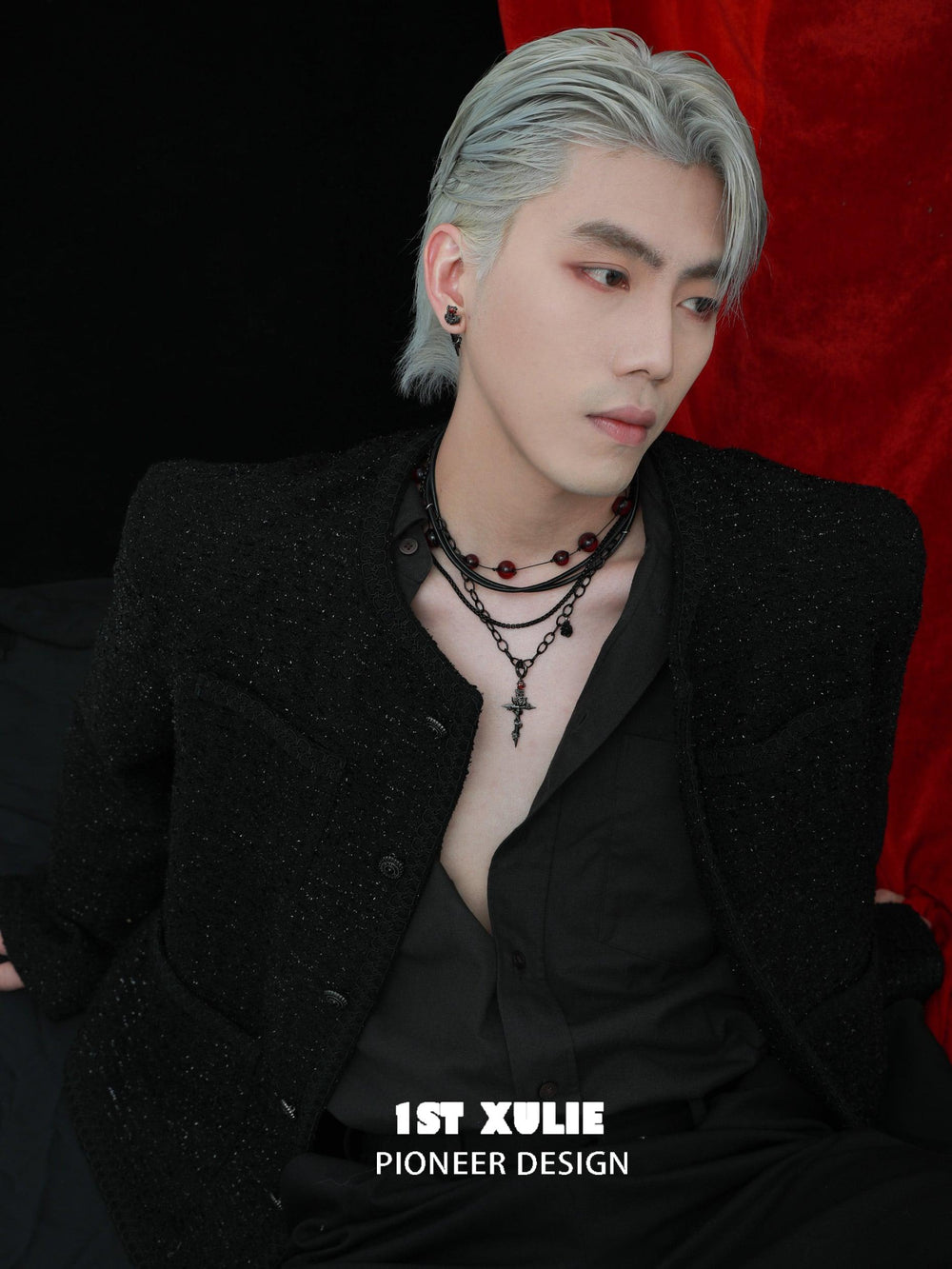 1ST XULIE "Taboo Rose" Gothic Scarlet Rose Burial Necklace in Rhodium Plated - Pendant Detail Shot