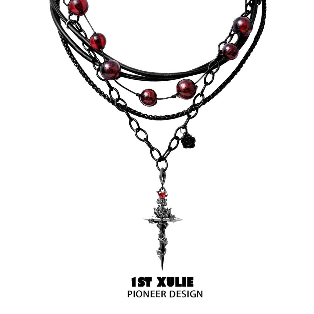 1ST XULIE "Taboo Rose" Gothic Scarlet Rose Burial Necklace in Rhodium Plated - Product View