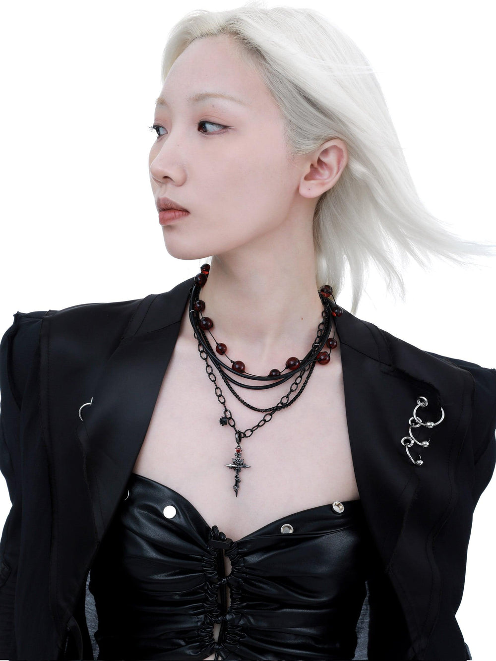 1ST XULIE "Taboo Rose" Gothic Scarlet Rose Burial Necklace in Rhodium Plated - On Model Close Up