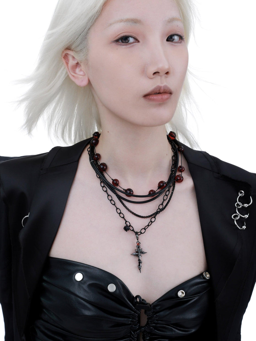 1ST XULIE "Taboo Rose" Gothic Scarlet Rose Burial Necklace in Rhodium Plated - Side View