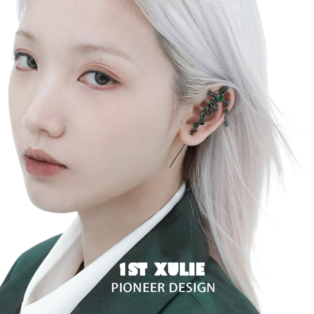 1ST XULIE "Slytherin House" Gothic Serpent Cross Dangle Piercing Earrings in 18K Black Gold Plated - Detail Shot