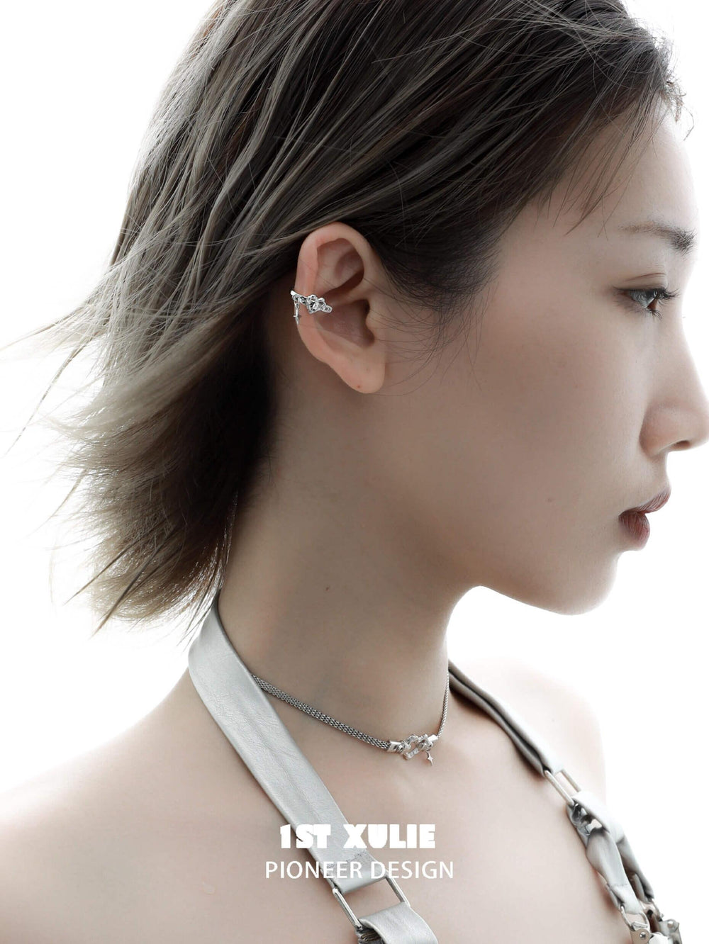 1ST XULIE "Star Trails" Gothic Skeleton Heart Ear Clips in 925 Sterling Silver - Angled Product View
