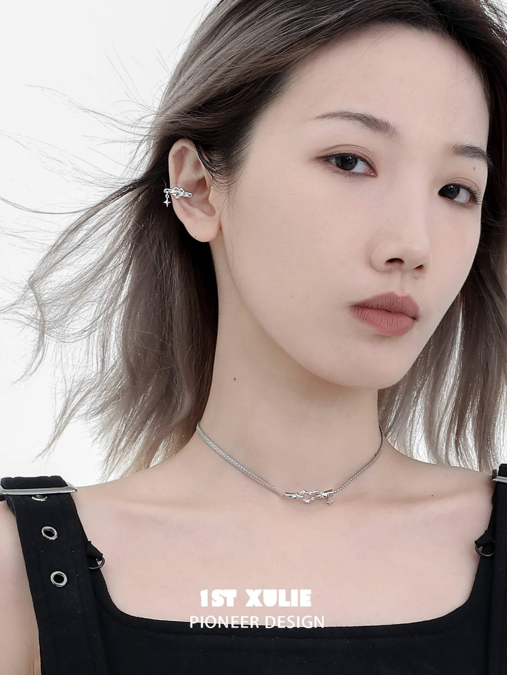 1ST XULIE "Star Trails" Gothic Skeleton Heart Ear Clips in 925 Sterling Silver - On Model Close-Up