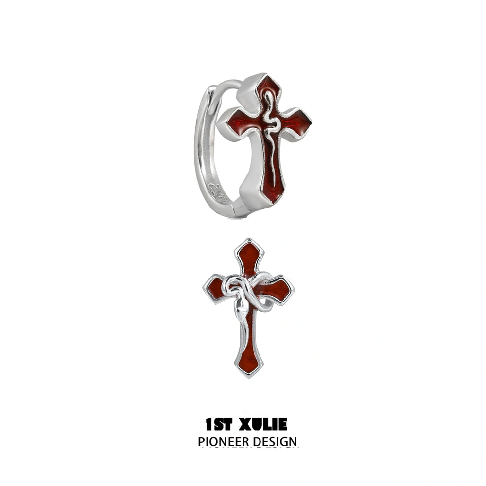 1ST XULIE "Snake Bite" Gothic Snake & Cross Asymmetrical Earrings in 925 Sterling Silver - Angled Product View