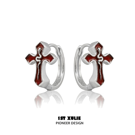 1ST XULIE "Snake Bite" Gothic Snake & Cross Asymmetrical Earrings in 925 Sterling Silver - Detail Shot