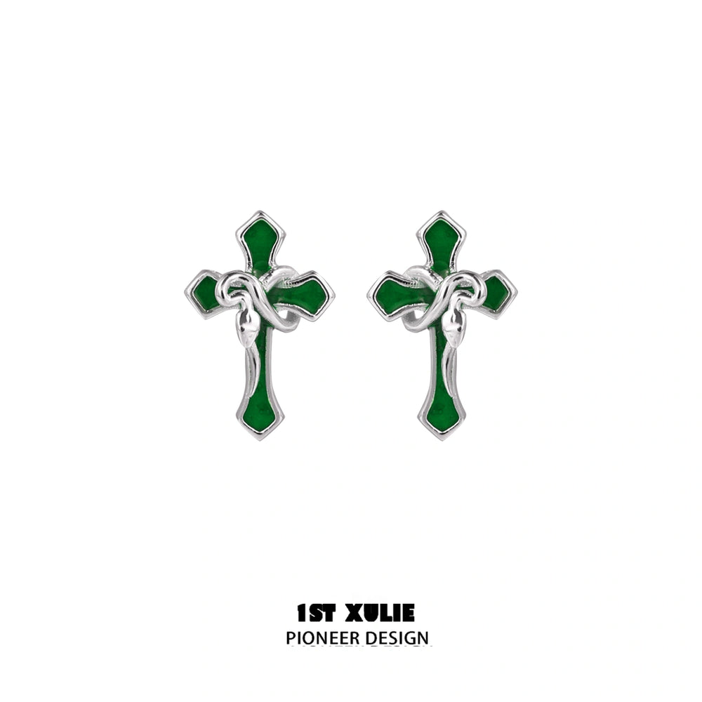 1ST XULIE "Snake Bite" Gothic Snake & Cross Asymmetrical Earrings in 925 Sterling Silver - Lifestyle Shot