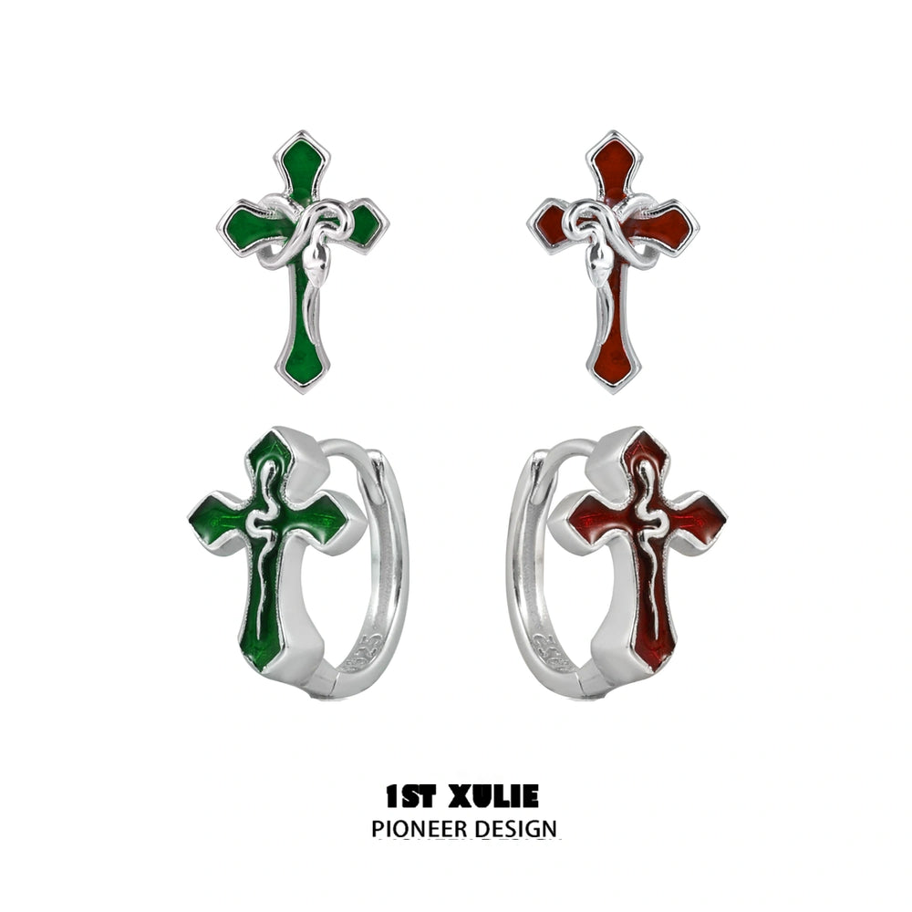 1ST XULIE "Snake Bite" Gothic Snake & Cross Asymmetrical Earrings in 925 Sterling Silver - Product View