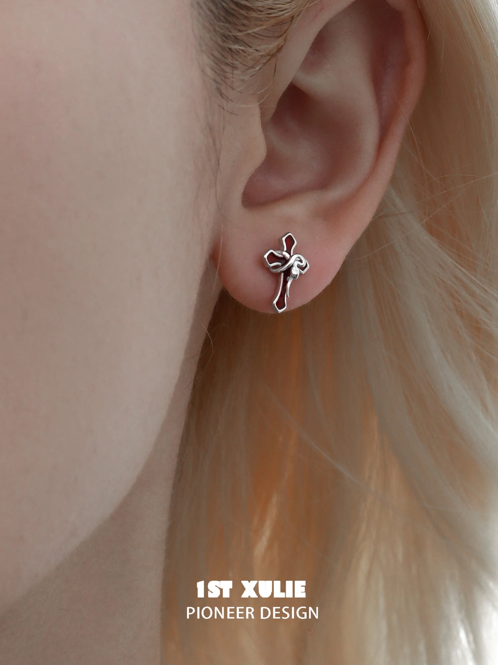 1ST XULIE "Snake Bite" Gothic Snake & Cross Asymmetrical Earrings in 925 Sterling Silver - On Model Close-up