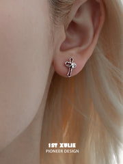 1ST XULIE "Snake Bite" Gothic Snake & Cross Asymmetrical Earrings in 925 Sterling Silver - On Model Close-up