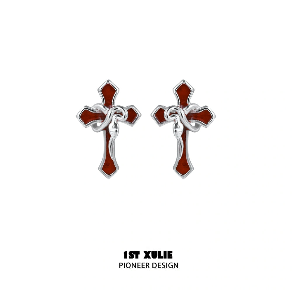 1ST XULIE "Snake Bite" Gothic Snake & Cross Asymmetrical Earrings in 925 Sterling Silver - Texture Detail Shot