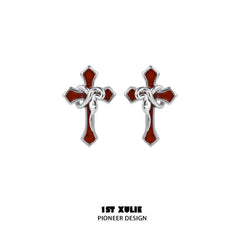 1ST XULIE "Snake Bite" Gothic Snake & Cross Asymmetrical Earrings in 925 Sterling Silver - Texture Detail Shot