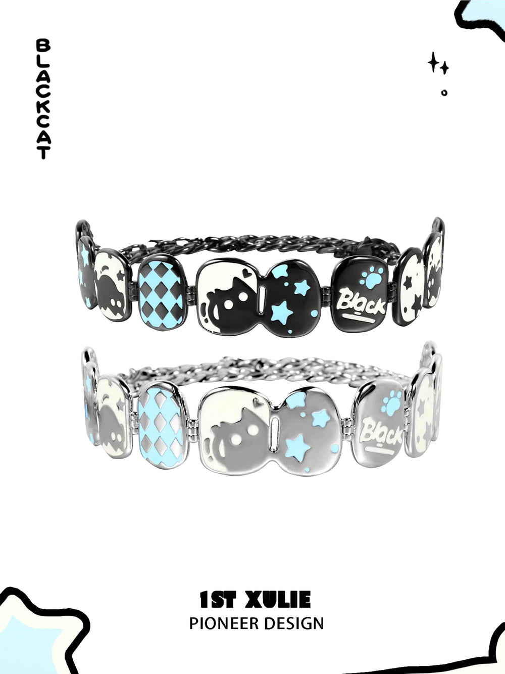 1ST XULIE "Ghosts" Gothic Statement Black Cat Choker Necklace in Platinum Plated - Detail Shot
