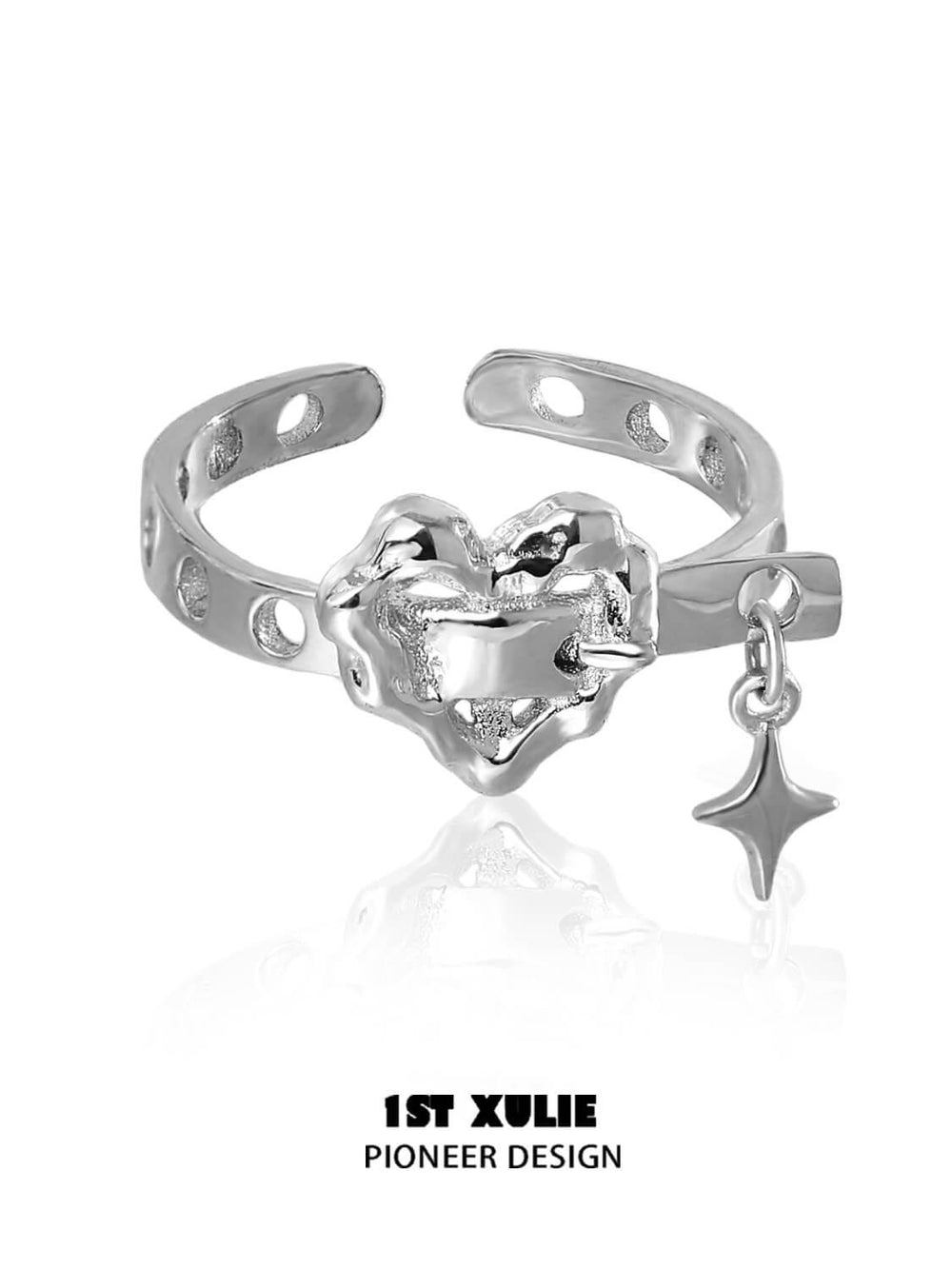 1ST XULIE "Star Trails" Gothic Statement Skeleton Heart Ring in 925 Sterling Silver - Product View