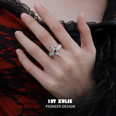 1ST XULIE "Forbidden Love" Gothic Sword and Rose Ring in 925 Sterling Silver - On Model Close-up