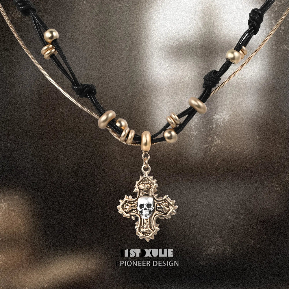 1ST XULIE "Sinfulness" Gothic Vintage Skull Choker Necklace in 18K Gold Plated Brass - Detail Shot
