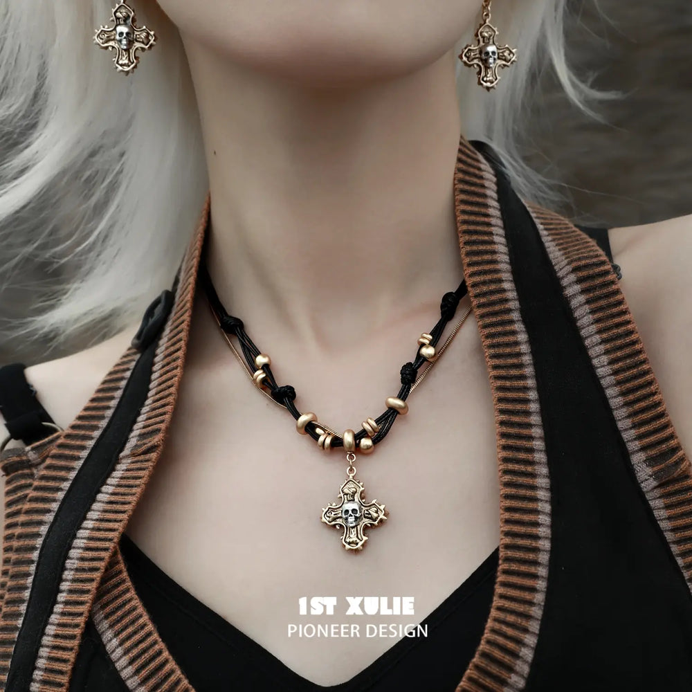1ST XULIE "Sinfulness" Gothic Vintage Skull Choker Necklace in 18K Gold Plated Brass - Product View