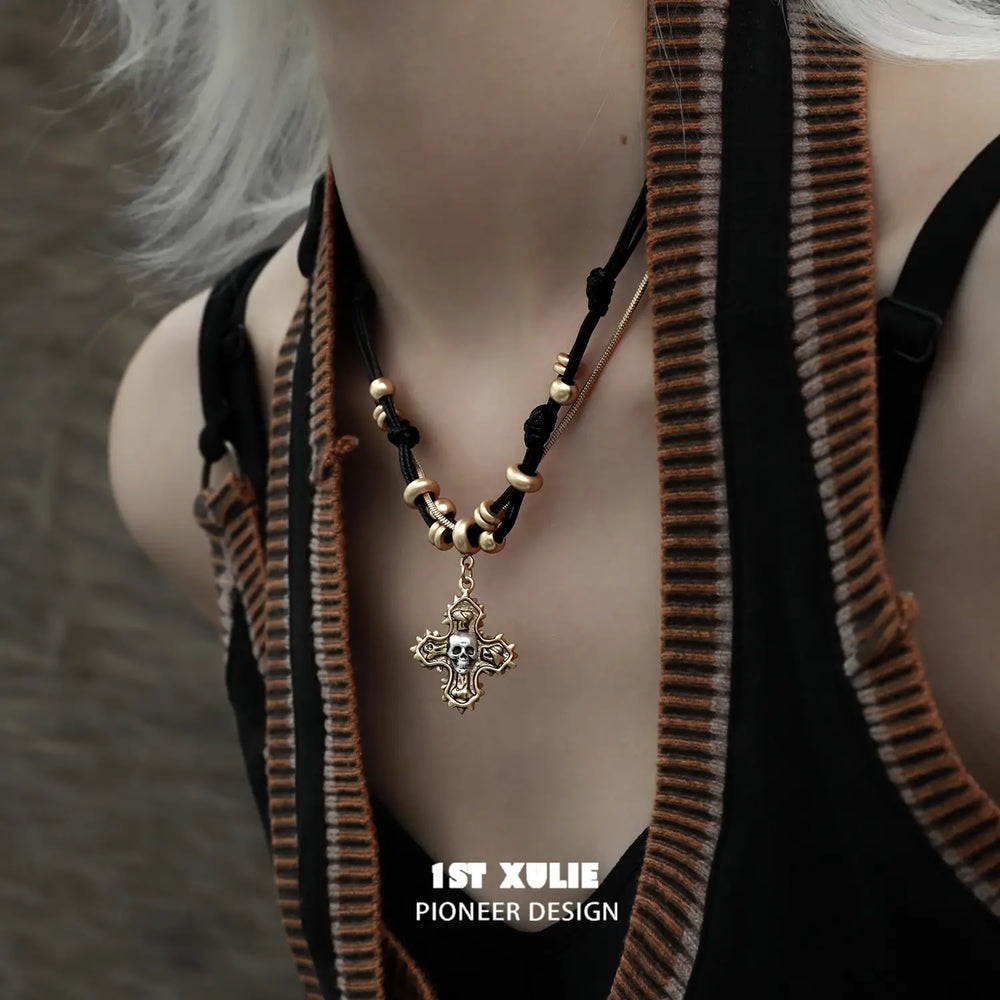 1ST XULIE "Sinfulness" Gothic Vintage Skull Choker Necklace in 18K Gold Plated Brass - Texture Detail Shot