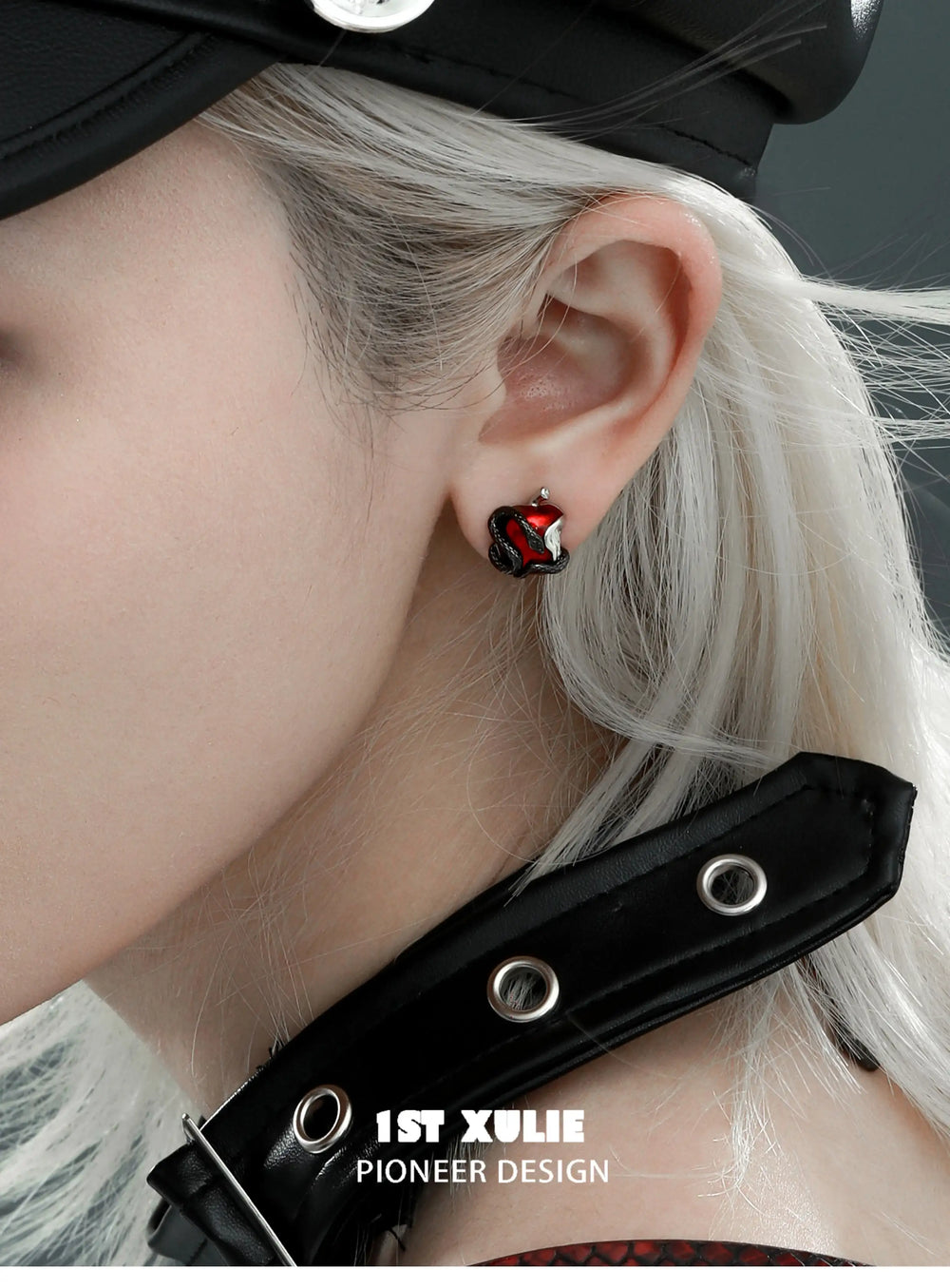 1ST XULIE "Forbidden Love" Gothic Viper's Apple Stud Earrings in 18K Black Gold Plated Brass - Detail Shot
