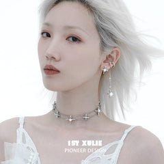1ST XULIE "Rose Believer" Gothic White Rose Dangle Ear Cuffs in Platinum Plated - Detail Shot