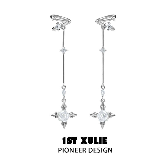 1ST XULIE "Rose Believer" Gothic White Rose Dangle Ear Cuffs in Platinum Plated - Product View