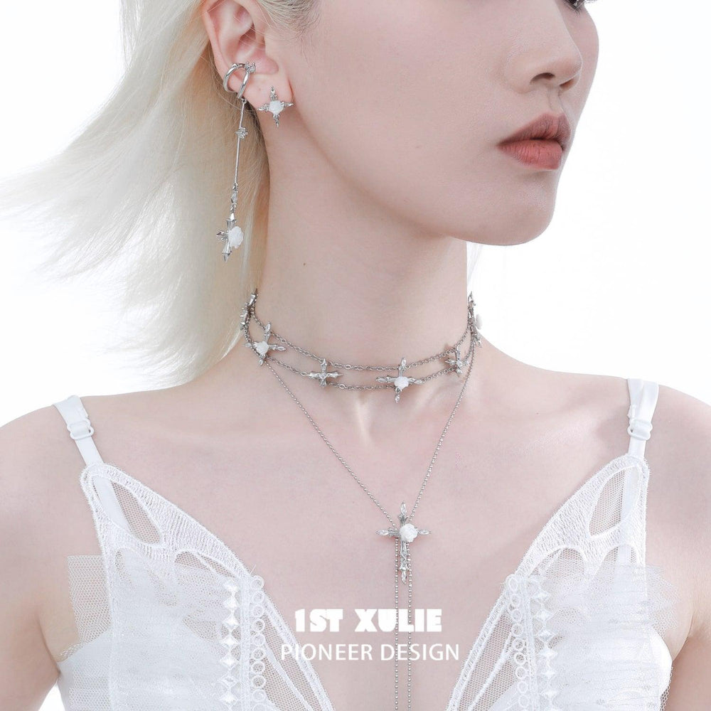 1ST XULIE "Rose Believer" Gothic White Rose Dangle Ear Cuffs in Platinum Plated - On Model Detail Shot