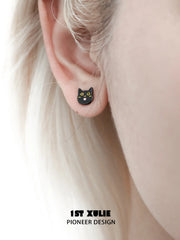 1ST XULIE Jewelry "Graffiti Kitten" Asymmetrical Graffiti Cat Stud Earrings in 925 Sterling Silver - Product View