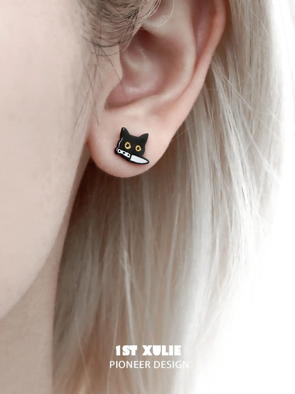 1ST XULIE Jewelry "Graffiti Kitten" Asymmetrical Graffiti Cat Stud Earrings in 925 Sterling Silver - On Model