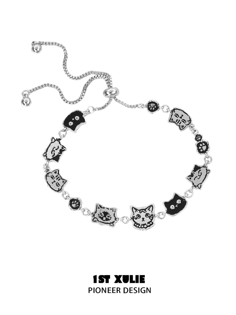 1ST XULIE "Graffiti Kitten" Sleek Adjustable Chain Bracelet in Platinum Plated - Product View