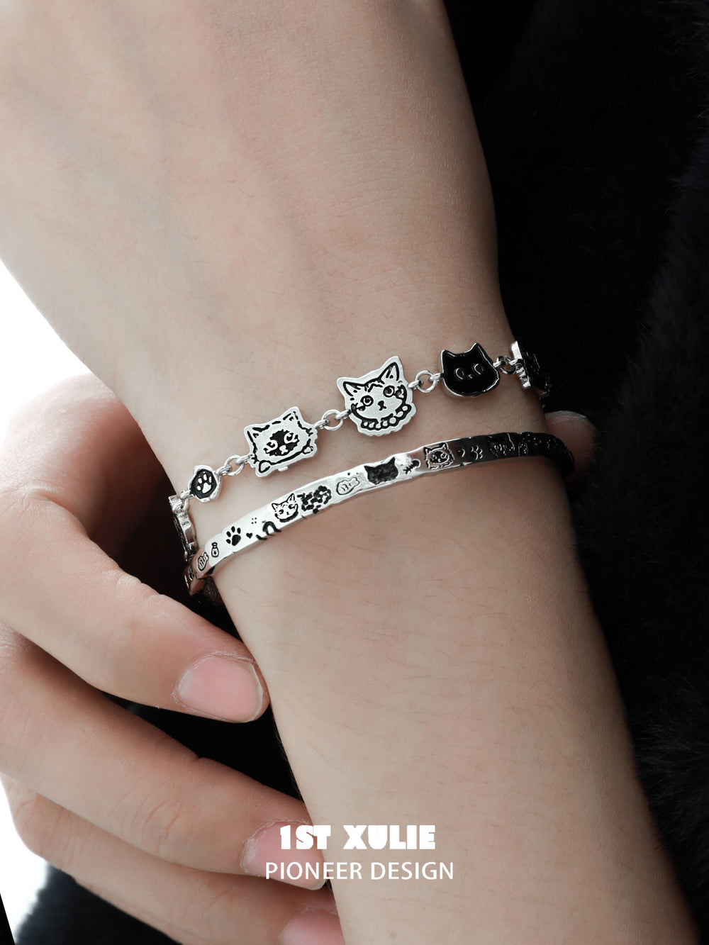 1ST XULIE "Graffiti Kitten" Sleek Adjustable Chain Bracelet in Platinum Plated - On Model