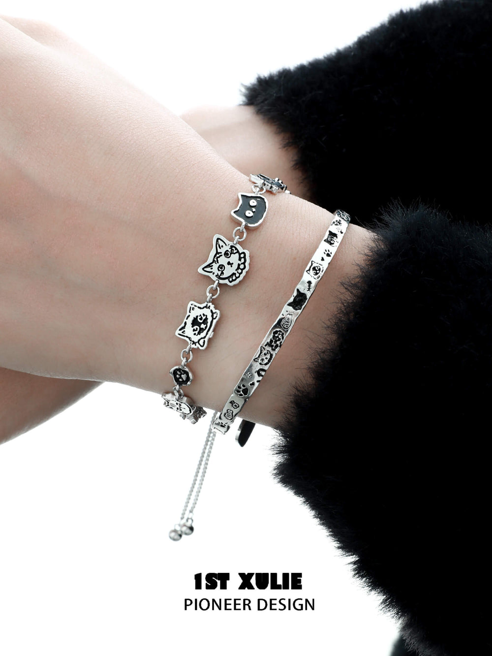 1ST XULIE "Graffiti Kitten" Graffiti Kitten Bracelet in 925 Sterling Silver - Lifestyle Shot