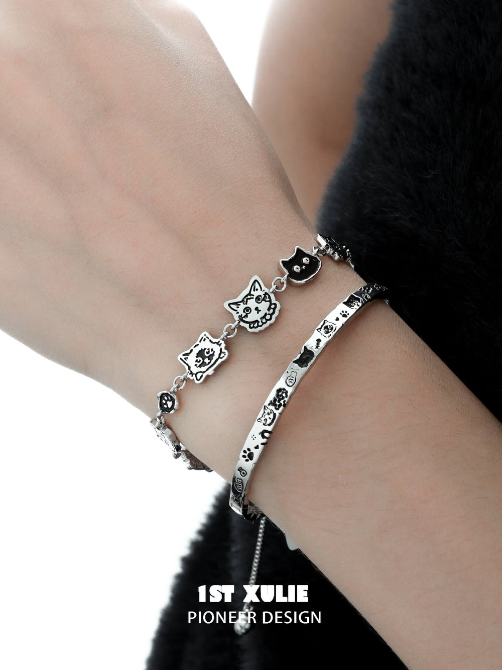 1ST XULIE "Graffiti Kitten" Graffiti Kitten Bracelet in 925 Sterling Silver - On Model Close-Up