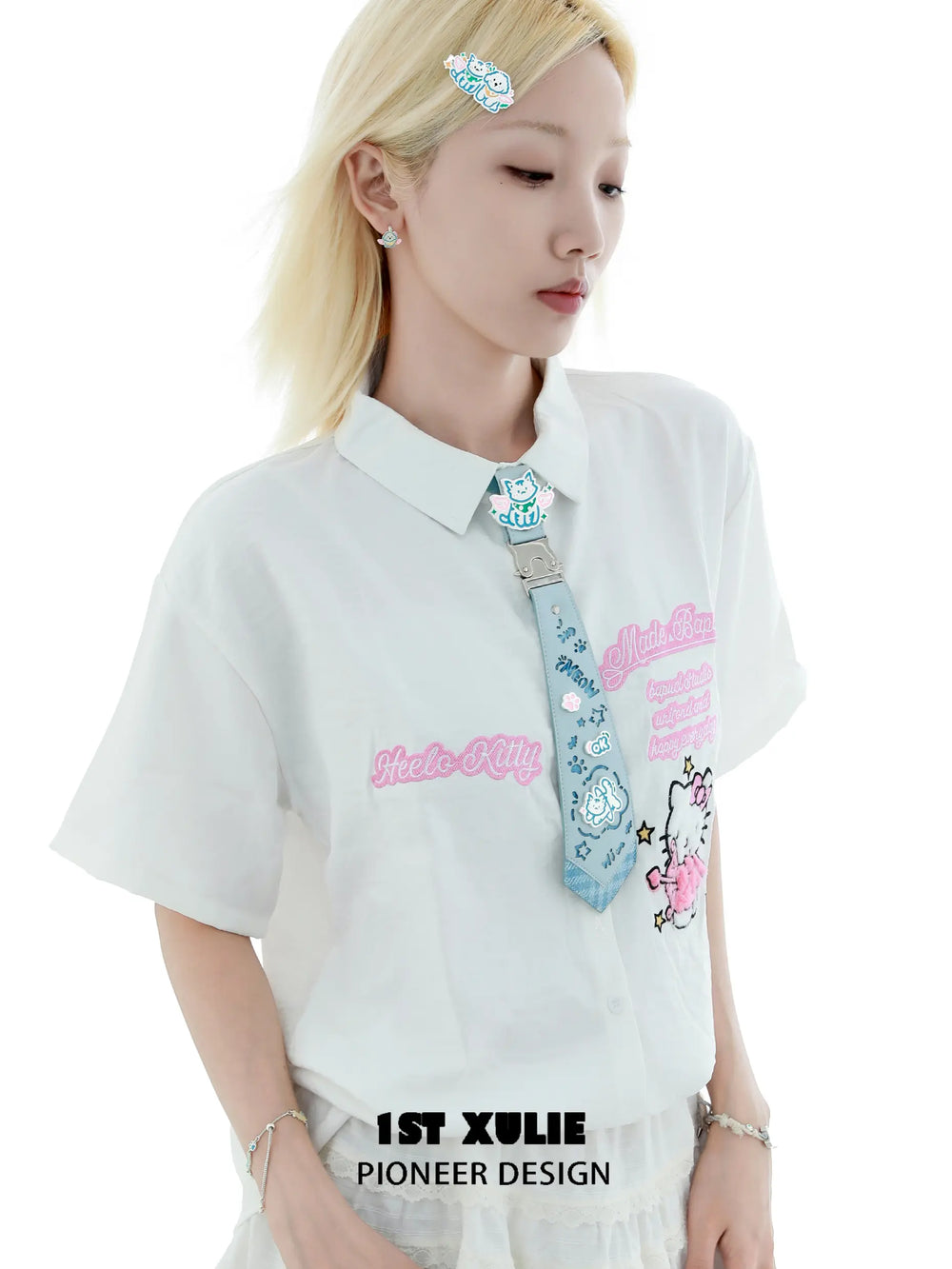 1ST XULIE "Angel Cuties" Graffiti Kitten Choker Tie in Microfiber Leather & Platinum Plated Brass - Product Group Shot