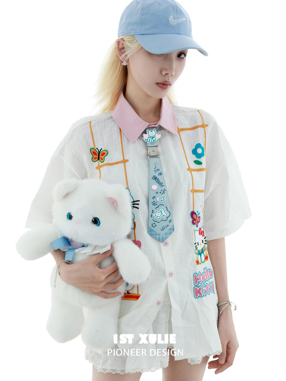 1ST XULIE "Angel Cuties" Graffiti Kitten Choker Tie in Plaid Polyester & Platinum Plated Brass - Charm Detail Shot