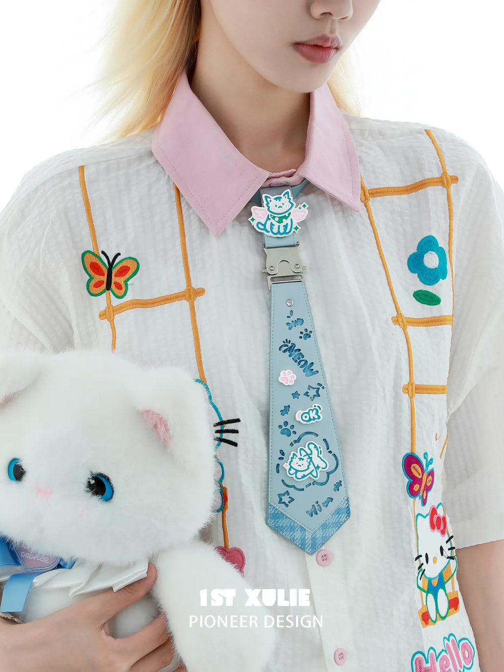 1ST XULIE "Angel Cuties" Graffiti Kitten Choker Tie in Plaid Polyester & Platinum Plated Brass - On Model