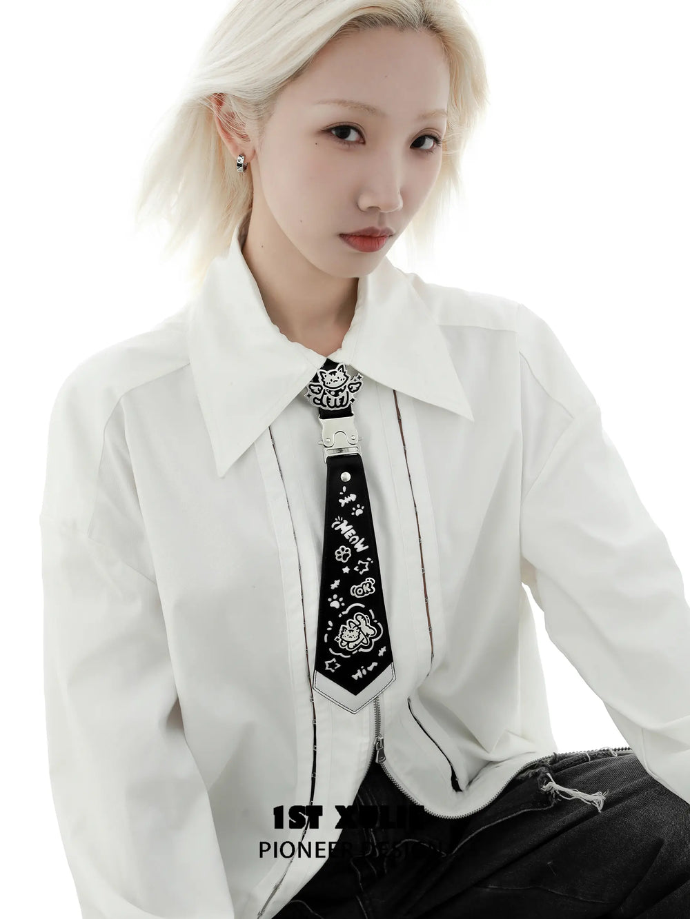 1ST XULIE "Angel Cuties" Graffiti Kitten Choker Tie in Plaid Polyester & Platinum Plated Brass - Lifestyle Shot