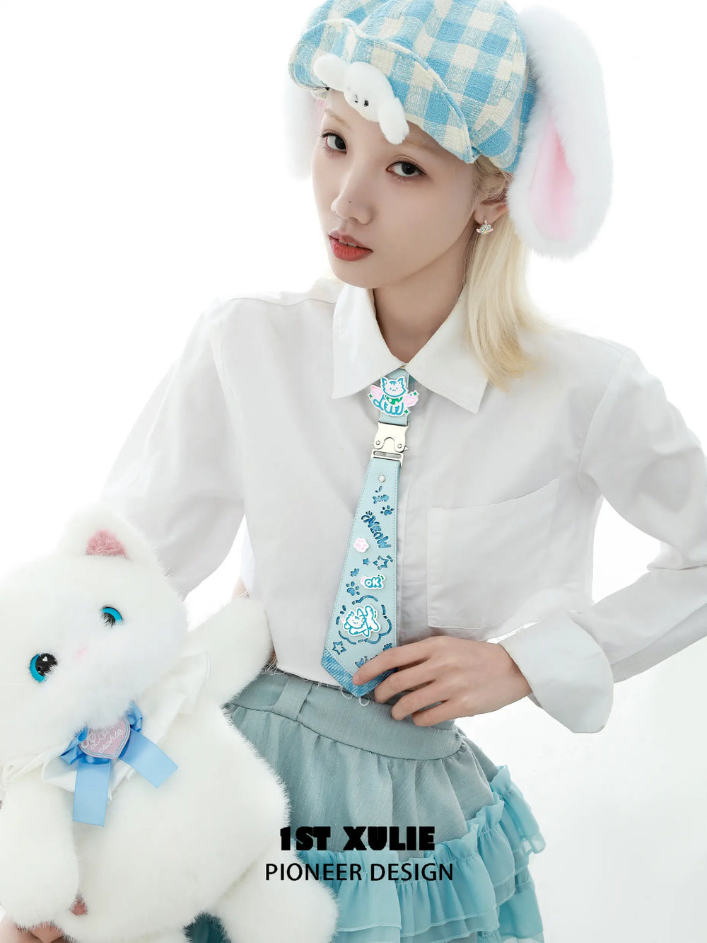 1ST XULIE "Angel Cuties" Graffiti Kitten Choker Tie in Microfiber Leather & Platinum Plated Brass - Lifestyle Shot