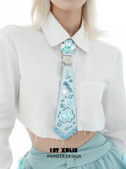 1ST XULIE "Angel Cuties" Graffiti Kitten Choker Tie in Microfiber Leather & Platinum Plated Brass - On Model