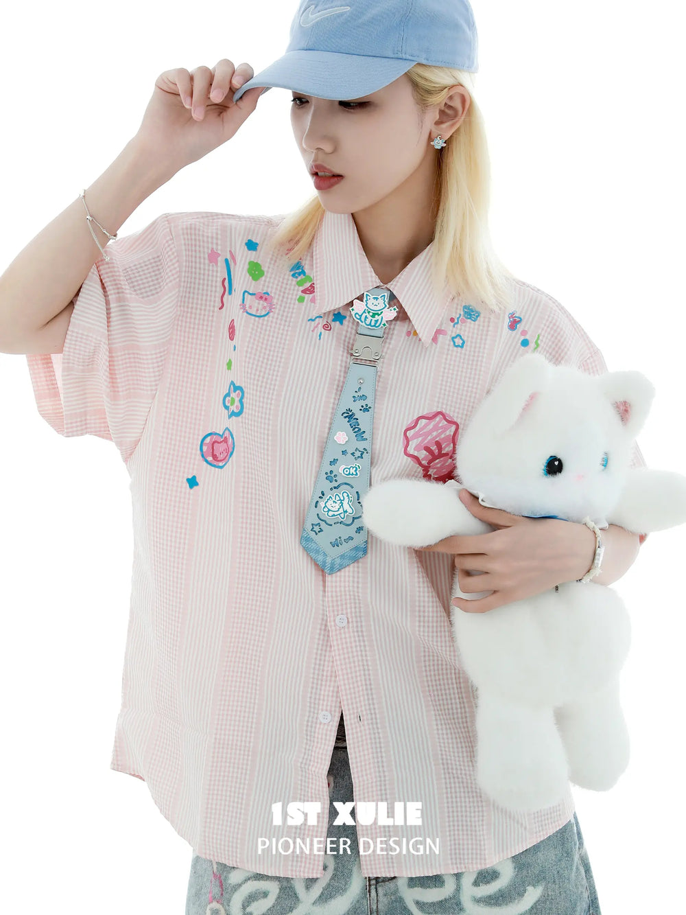 1ST XULIE "Angel Cuties" Graffiti Kitten Choker Tie in Plaid Polyester & Platinum Plated Brass - On Model Close-Up