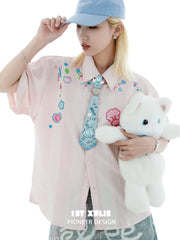 1ST XULIE "Angel Cuties" Graffiti Kitten Choker Tie in Plaid Polyester & Platinum Plated Brass - On Model Close-Up