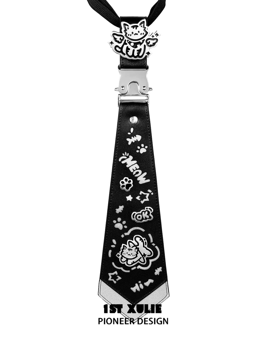 1ST XULIE "Angel Cuties" Graffiti Kitten Choker Tie in Plaid Polyester & Platinum Plated Brass - Product View