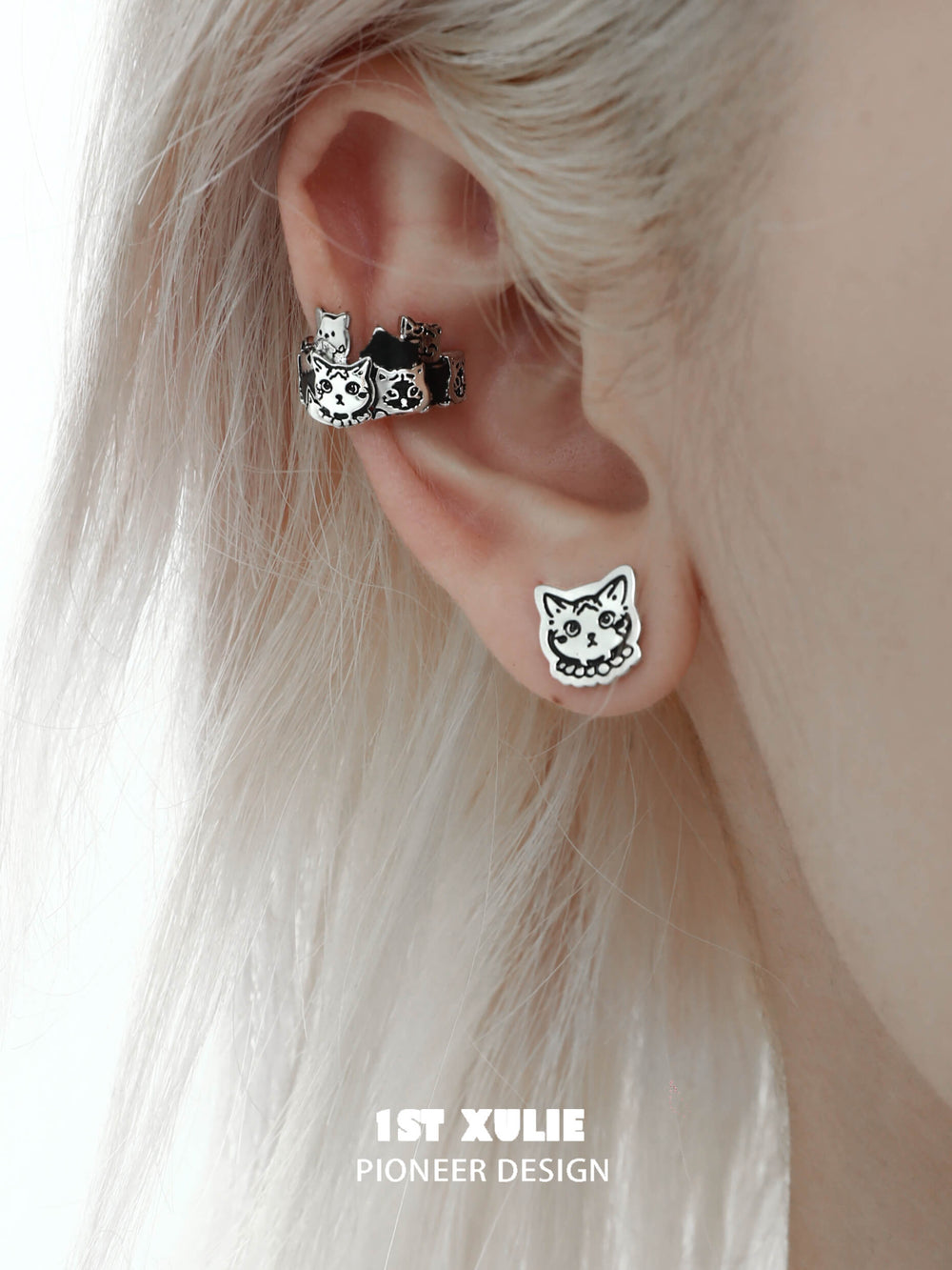1ST XULIE "Graffiti Kitten" Minimalist Clip-on Hoop Earrings in Platinum Plated Brass - Detail Shot
