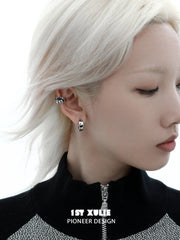 1ST XULIE "Graffiti Kitten" Minimalist Clip-on Hoop Earrings in Platinum Plated Brass - On Model Close-up