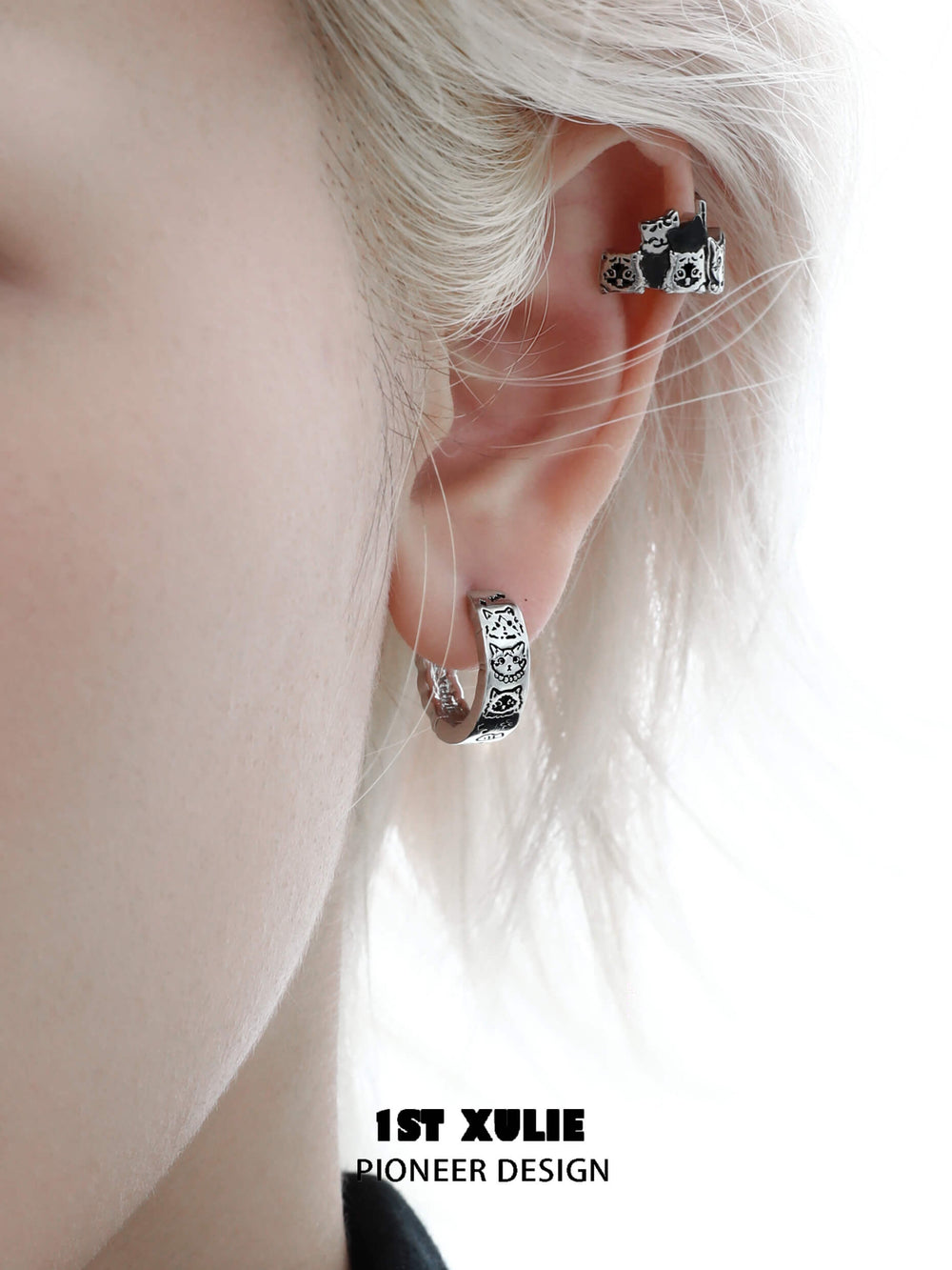 1ST XULIE "Graffiti Kitten" Minimalist Clip-on Hoop Earrings in Platinum Plated Brass - Packaging View