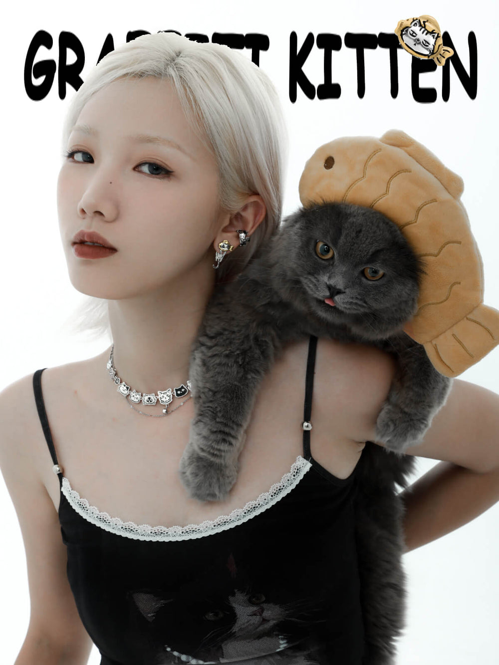 1ST XULIE "Graffiti Kitten" Minimalist Clip-on Hoop Earrings in Platinum Plated Brass - Side View