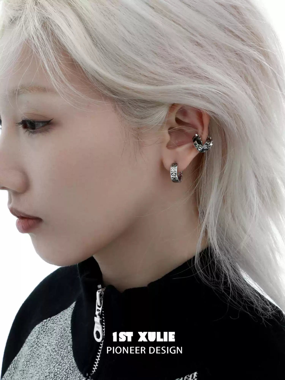 1ST XULIE "Graffiti Kitten" Small Huggie Hoop Earrings in Platinum Plated Brass - Side View