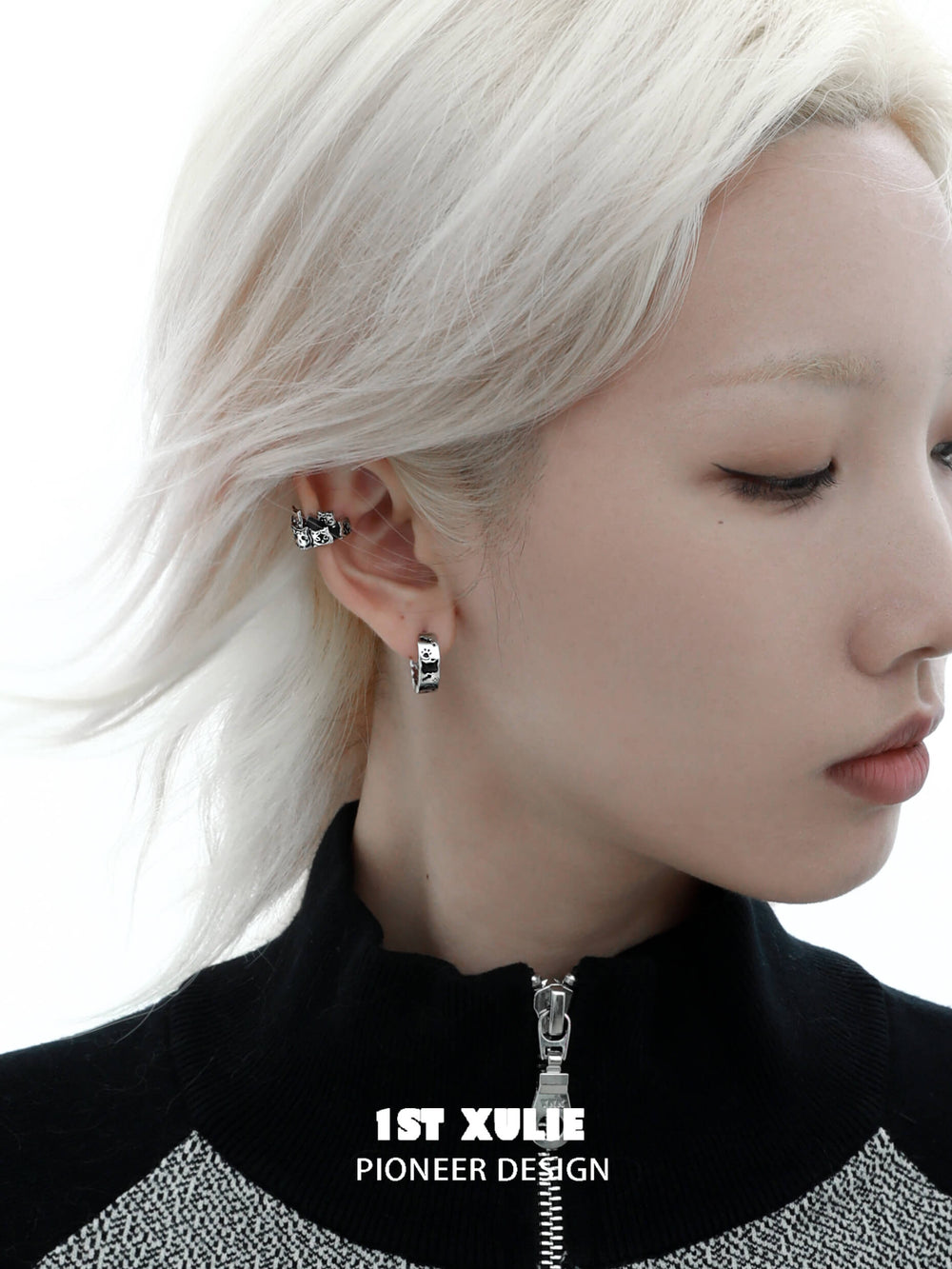 1ST XULIE "Graffiti Kitten" Small Huggie Hoop Earrings in Platinum Plated Brass - Lifestyle Shot